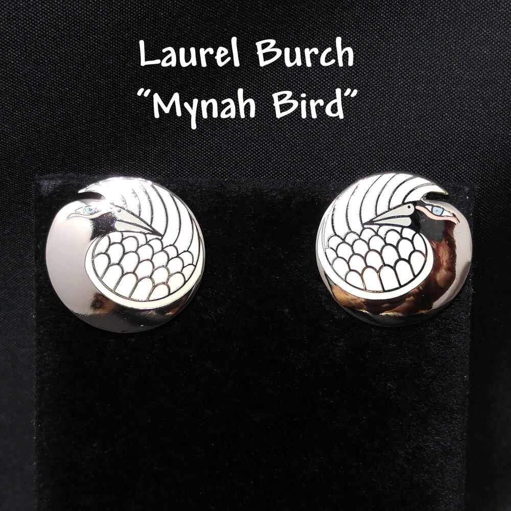 Laurel Burch "Mynah Bird" Post Earrings, Gold Plated, Silver Tone Cloisonne